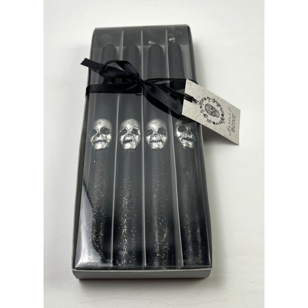 Mortar & Bone Black/Silver Glittered Tapered Candles With Silver Skulls